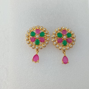 Ruby -Emerald -Pearl Studs Earring Women Art Deco Stud Earrings Gold Plated Studs Wedding Jewelry Pear Shape Anniversary Gift, Gifts For Her