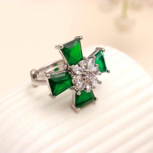 14k White Gold Plated Cross Ring: Simulated Emerald, Ruby, Peridot