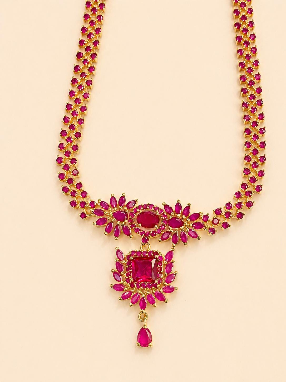 Ruby Long 22k Gold Plated Long Ruby Weeding Necklace Set, South Indian Bride ...