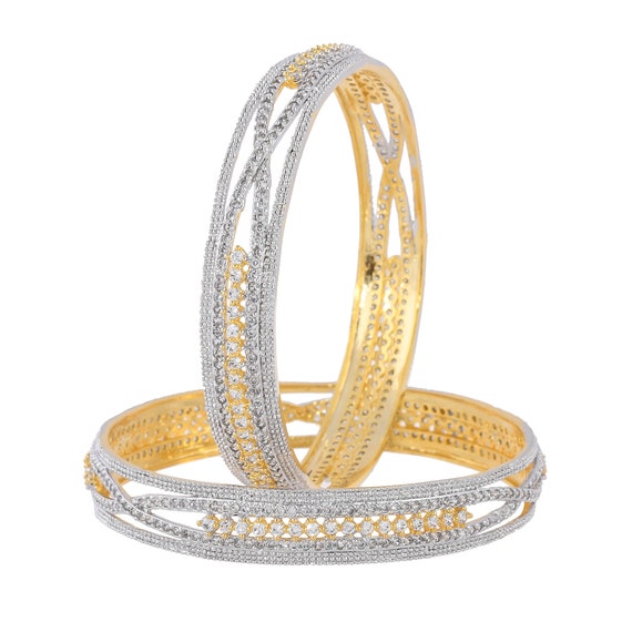 14K Gold Plated Bangles Set | Silver Tone CZ Crystal Bangles