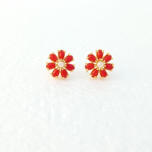 Red Coral - Black Onyx -Emerald - Multi Color Stone Earring Women Art Deco Stud Earrings Gold Plated Studs Wedding Jewelry ,Anniversary Gift