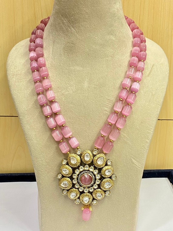 Multi-String Kundan and Peach Beads Long Necklace Set – Steorra Jewels