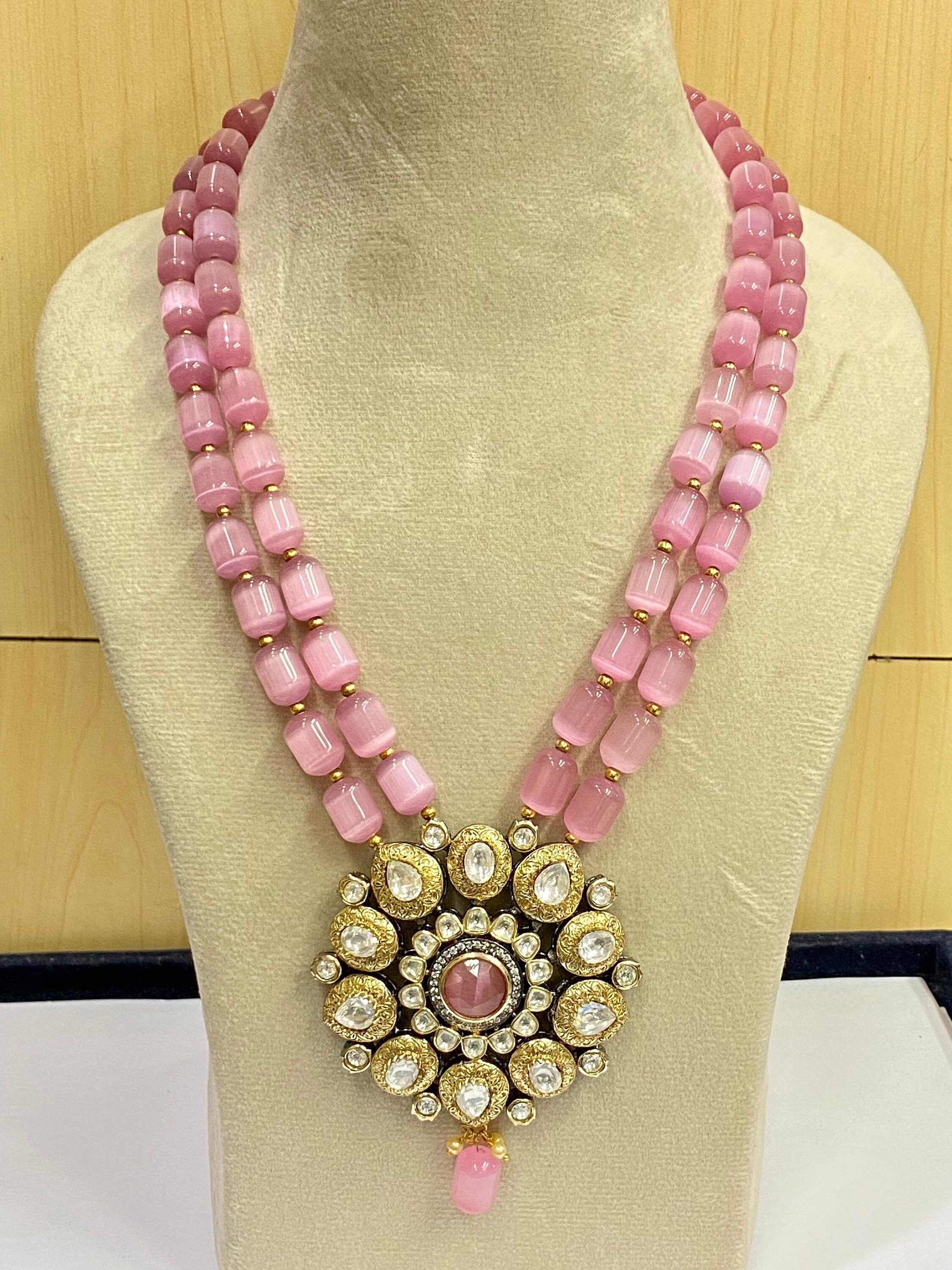 Gold Plated Kundan Choker Necklace Set With Pink Beads & Matching Mang –