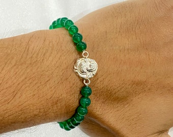 Sterling Silver Ganesha Bracelet Green Onyx Hindu God Jewelry | Gift For Him | Green Onyx Beads Bracelet | Men Wrist Jewelry
