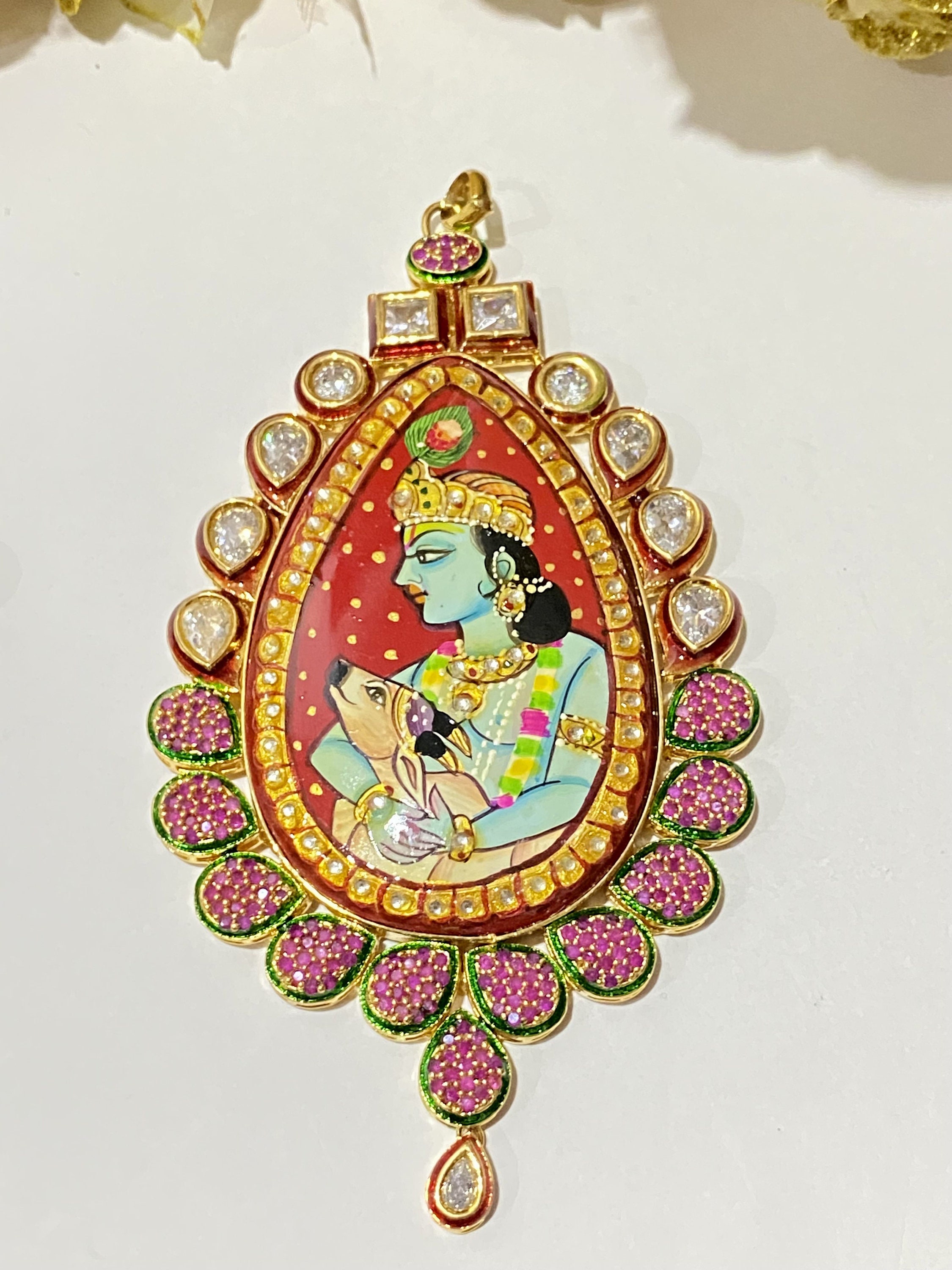 Krishna Locket Set Kundan Locket Lord Krishna Hand Painted Etsy