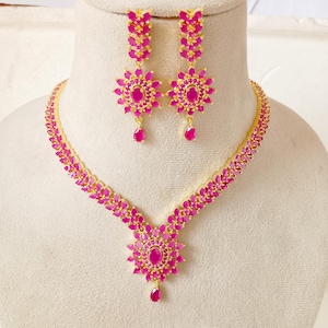 Long Ruby Gold Plated South Indian Wedding Necklace | Red Necklace | Gift For Her | Haram With Earr| Ruby Jewelry |Gift for her