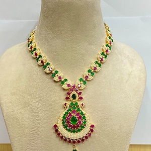 Ruby gold plated long necklace, Indian south traditional necklace, Emerald necklace, Moti pearl  necklace, Long necklace