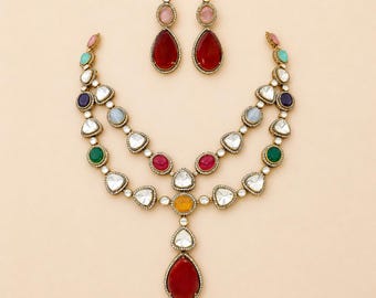 Gold Plated  Kundan Polki Necklace  Set | Gem Stone Gold Jewelry | Indian Bridal Statement Necklace | Gift For Her