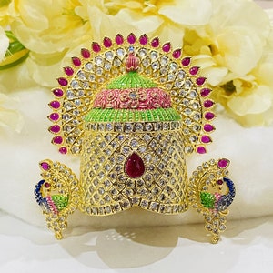 Divine Majesty: 22k Gold Plated Tirupati Balaji Crown with Solitaire and Ruby Stone Work, lord venkateswara and lord vishnu thugil Krishna