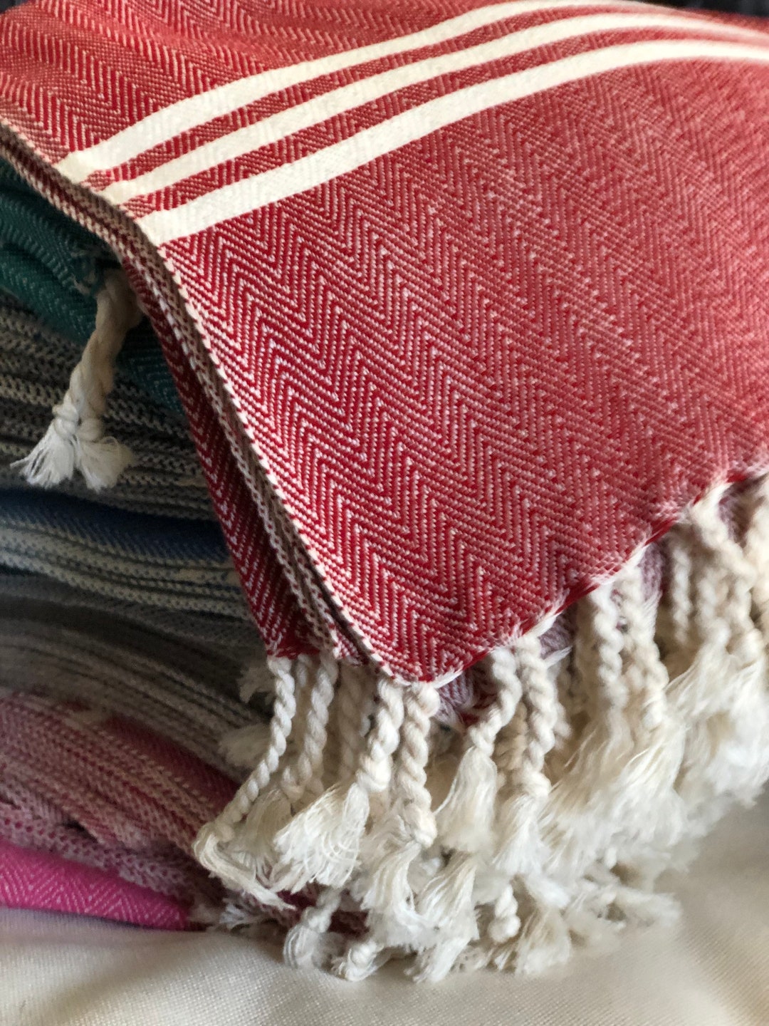 Red - Handloom Cotton Towel with Tassels from Bijnor by Nizam
