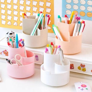 Cute Desk Organizer, Kawaii Pink Pencil Holder, Cartoon Stationery Storage, White Aesthetic Pencil Organizer, FREE STICKER SHEET