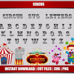Circus svg letters alfabet, circus digitaal circus afdrukbare circus snijden svg alfabet letters circus clipart svg partij circus decoraties