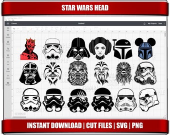 Star Wars hoofd SVG-bundel, Mandalorian, Grogu, clipart (digitale download)
