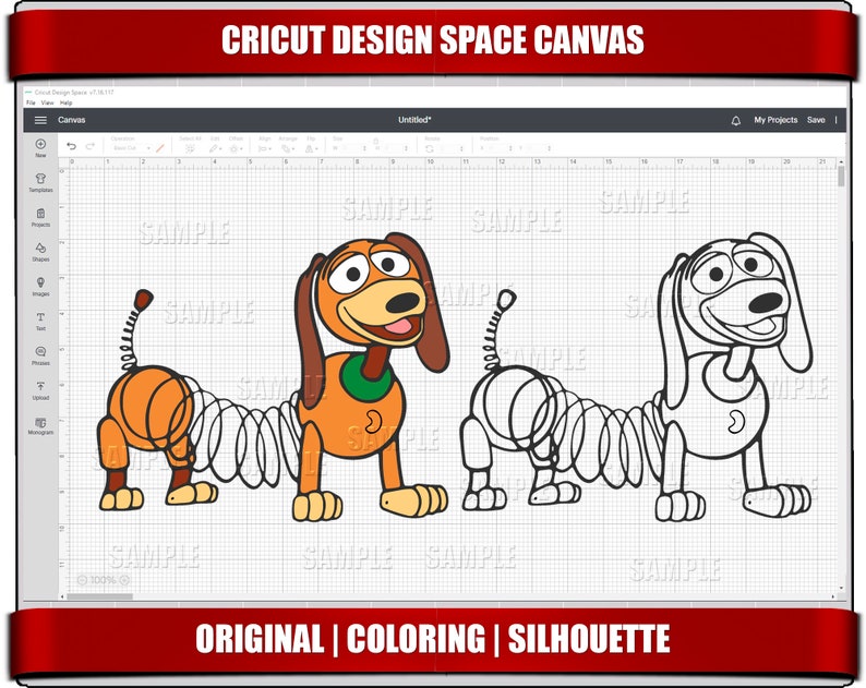 Puede incluir: Un dise&ntilde;o digital de Slinky Dog de la franquicia de pel&iacute;culas Toy Story. El dise&ntilde;o se muestra en dos versiones: una versi&oacute;n a color y una versi&oacute;n de contorno en blanco y negro. El texto "ORIGINAL | COLORING | SILHOUETTE" se muestra debajo del dise&ntilde;o.