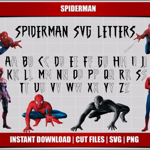 Archivos de corte de fuente de Spiderman SVG, letras del alfabeto, fiesta de cumpleaños de Spiderman, descarga instantánea imprimible digital, clipart de corte de fuente de Spiderman SVG