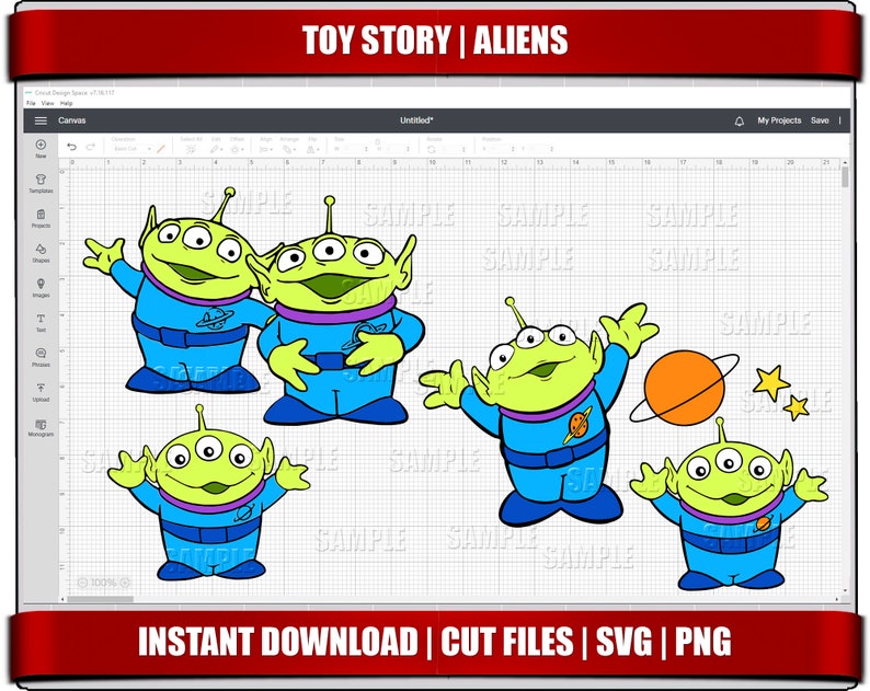 Puede incluir: Cuatro extraterrestres verdes de tres ojos de la pel&iacute;cula Toy Story. Los extraterrestres llevan trajes espaciales azules y morados con un dise&ntilde;o de planeta. Los extraterrestres est&aacute;n en varias poses con los brazos levantados. Hay un planeta y dos estrellas en el fondo.