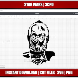 Puede incluir: Silueta en blanco y negro de C-3PO, un personaje robot de Star Wars. El robot tiene una cabeza redonda con una gran antena, un cuerpo rectangular y un par de gafas.