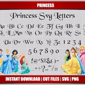 Fuente de letras del alfabeto SVG de princesas de Disney, fiesta de cumpleaños de princesas, imprimible digitalmente, clipart de letras del alfabeto SVG, descarga instantánea de princesas