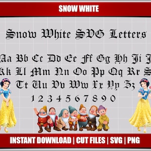 Fuente de Blancanieves, letras del alfabeto SVG, fiesta de cumpleaños de Blancanieves, letras del alfabeto SVG imprimibles digitales, clipart de Blancanieves, descarga instantánea