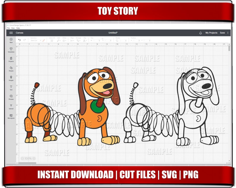 Puede incluir: Un archivo de dise&ntilde;o digital para un dibujo animado de Slinky Dog de la pel&iacute;cula Toy Story. La imagen muestra una versi&oacute;n coloreada del perro y una versi&oacute;n en blanco y negro.