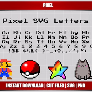 Puede incluir: Letras, números y símbolos de estilo pixel art en negro sobre un fondo de cuadrícula blanca. Las letras están en mayúsculas y minúsculas. Los números son del 1 al 0. Los símbolos son el signo de exclamación, la arroba, el numeral, el signo de dólar, el signo de porcentaje, la ampersand, el paréntesis izquierdo, el paréntesis derecho, el guion bajo, el signo más, el signo de interrogación, el punto, la coma, la barra diagonal, la comilla simple y la comilla doble. Hay cuatro imágenes de estilo pixel art debajo de las letras: un personaje de Super Mario rojo y azul, una Poké Ball roja y blanca, una estrella arcoíris y un gato gris.