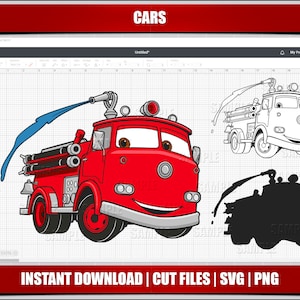 red fire engine truck cartoon svg cars svg png clipart lighting mcqueen instant download, for cricut silhouette cut files, digital printable