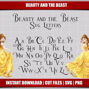 beauty and the beast font svg letters alphabet, disney princess belle birthday party digital printable clipart instant download svg font png