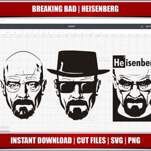 以下が含まれることがあります： テレビ番組「ブレイキング・バッド」の主人公ウォルター・ホワイトのデジタルイラスト。白黒で、3つの異なるポーズで描かれている。画像には「ハイゼンベルク」というテキストが含まれている。