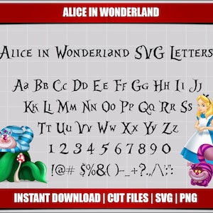 Alice au pays des merveilles polices svg, lettres de l'alphabet, fête d'anniversaire de la princesse alice disney numérique svg imprimable téléchargement polices svg alice