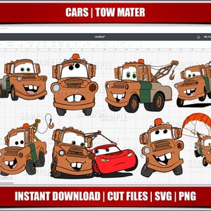 tow mater svg cars svg png clipart, lighting mcqueen instant download, for cricut silhouette cut files, digital printable cars cartoon cars