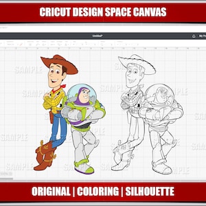 May include: A black and white line drawing of Woody and Buzz Lightyear from the Toy Story movie franchise. The characters are standing side-by-side with their arms crossed. The image is labeled "ORIGINAL | COLORING | SILHOUETTE".