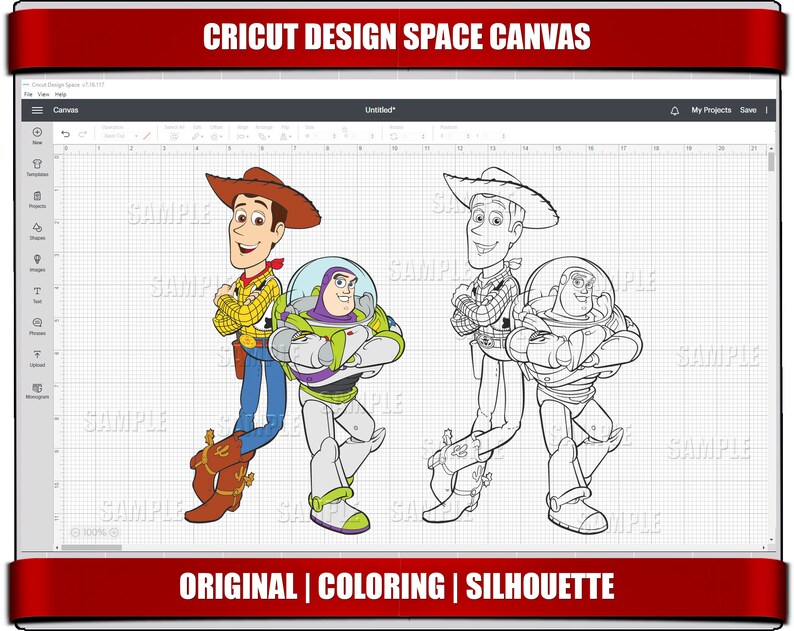 May include: A black and white line drawing of Woody and Buzz Lightyear from the Toy Story movie franchise. The characters are standing side-by-side with their arms crossed. The image is labeled "ORIGINAL | COLORING | SILHOUETTE".