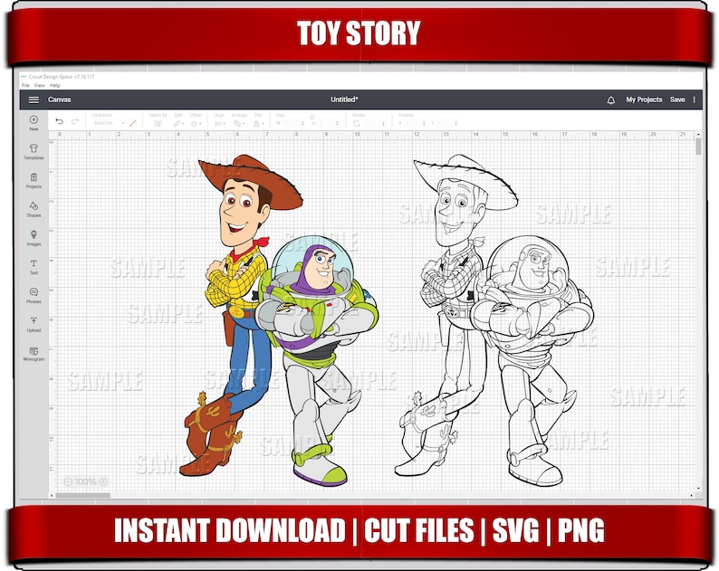 May include: Black and white line art illustration of Woody and Buzz Lightyear from the Toy Story movie. Woody is wearing a cowboy hat and vest. Buzz Lightyear is wearing a space ranger suit.