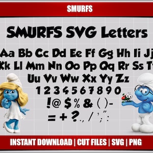 arquivos de corte de fonte svg dos smurfs, letras do alfabeto, festa de aniversário dos smurfs, impressão digital svg, download instantâneo de clipart, corte de fonte svg dos smurfs