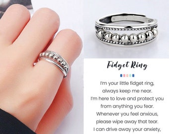 Sterling Silver Fidget Spinner Ring, Anxiety Relief Ring, Adjustable Band Ring Women, Daughter Gift from Mom,Friendship Gift, Christmas Gift