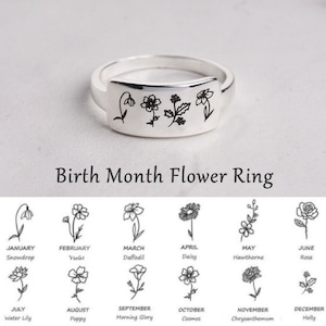 Birth Flower Ring, Personalized Silver Ring, Custom Engraved Ring Women, Family Floral Ring, Mother Gift, Best Friend Gift, Birthday Gift for Her
