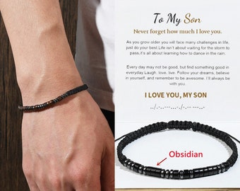 To My Son, I Love You Morse Code Bracelet,Obsidian Beads Braided Bracelet, Secret Message Bracelet Men,Birthday Gift from Mom,Christmas Gift