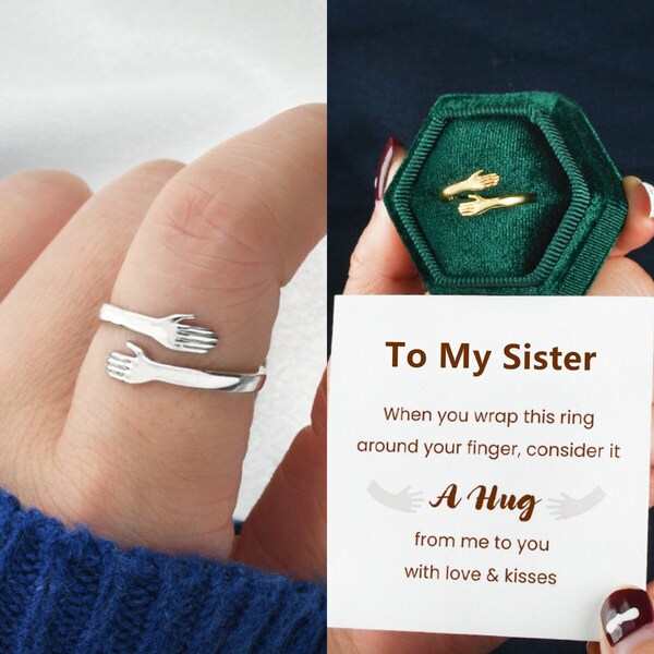 To My Sister Hug Ring, A Hug From Me To You Ring, Sterling Silver Adjustable Ring Women, Best Friend Gift, Wedding Christmas Gift for Her