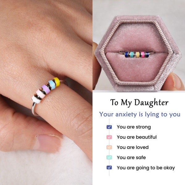 To My Daughter Fidget Ring,Enamel Spinner Beads Ring,Sterling Silver Ring,Rotating Antianxiety Ring Women,Stress Relief Gift,Gift for Her