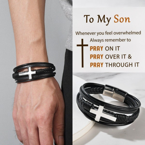 To My Son Cross Leather Bracelet, Pray Through It Bracelet, Layered Wrap Bracelet for Men, Birthday Gift from Mom, Christmas Gift for Him