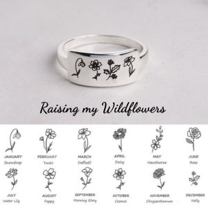 Engraved Birth Month Flower Ring, Personalized Family Floral Ring, Sterling Silver Ring, Birthday Gift, Best Friend Gift, Mother's Day Gift