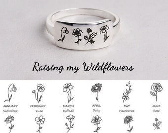 Engraved Birth Month Flower Ring, Personalized Family Floral Ring, Sterling Silver Ring, Birthday Gift, Best Friend Gift, Mother's Day Gift