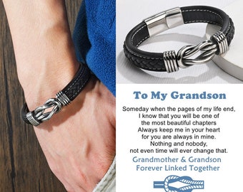 To My Grandson Infinity Knot Leather Bracelet, Forever Linked Together Cuff Bracelet Men, Birthday Gift from Grandma, Christmas Gift for Him