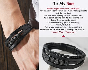 To My Son Leather Wrap Layered Bracelet, I Will Always Be With You, Mens Cuff Bracelet, Birthday Gift from Mom Dad, Christmas Gift for Him