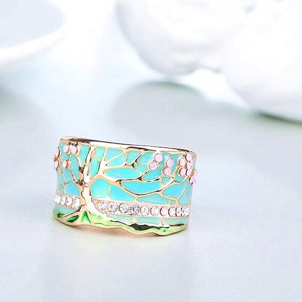 Tree of Life Band Ring, Lucky Tree Enamel Ring, Cherry Blossom Cocktail Ring Women, Birthday Gift, Friendship Gift, Christmas Gift for Her