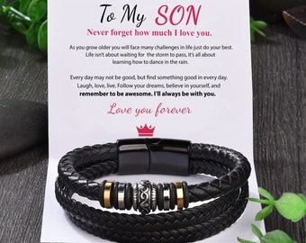 For Son Leather Wrap Bracelet, I Will Always Be With You, Mens Cuff Bracelet Leather, Graduation Gift from Dad Mom, Birthday Gift for Him