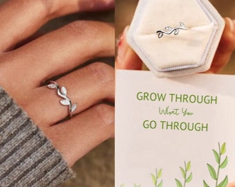 Keep Going Keep Growing Tree Leaf Ring, A Self-Reminder Ring Women, Sterling Silver Adjustable Ring, Birthday Gift from Mom, Graduation Gift
