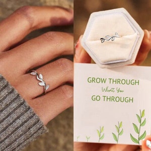 Keep Going Keep Growing Tree Leaf Ring, A Self-Reminder Ring Women, Sterling Silver Adjustable Ring, Birthday Gift from Mom, Graduation Gift image 1