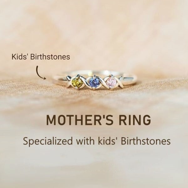 Personalized 1~6 Birthstones XOXO Ring, Mother's Ring, Sterling Silver Ring Women, Birthday Gift from Mom, Best Friend Gift, Christmas Gift