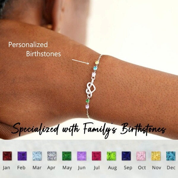 For Mom Personalized 1~12 Birthstones Heart Knot Bracelet, Sterling Silver Mother's Bracelet Women, Daughter Birthday Gift, Mothers Day Gift